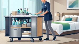 Современная иллюстрация профессиональных чистящих средств для уборки гостиничного номера в минималистичном стиле